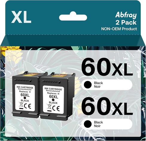 60XL Black Ink Cartridge High Yield Compatible for HP 60 XL Ink Work with HP PhotoSmart C4780 C4680 C4795 C4640 D110 D110a Deskjet F4480 F4440 F2430 Envy 110 120 111 Printer Remanufactured (2 Pack) in Kuwait