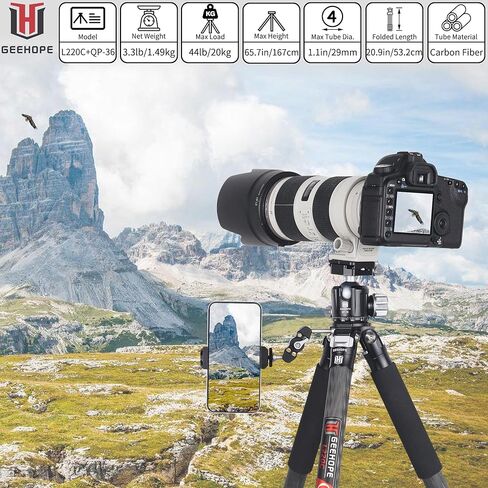 حامل ثلاثي من ألياف الكربون Geehope L330C مقاس 1.3 بوصة/32.5 مم أقصى أنبوب احترافي خفيف الوزن وصغير الحجم للسفر لكاميرات الفيديو DSLR أقصى تحميل 55 رطل/25 كجم مع عمود مركزي قصير من قسمين in Kuwait
