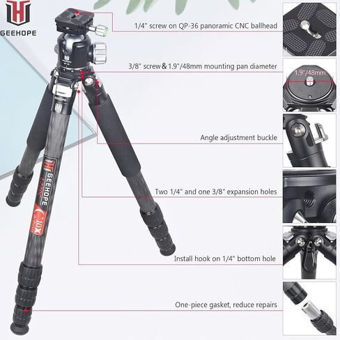 حامل ثلاثي من ألياف الكربون Geehope L330C مقاس 1.3 بوصة/32.5 مم أقصى أنبوب احترافي خفيف الوزن وصغير الحجم للسفر لكاميرات الفيديو DSLR أقصى تحميل 55 رطل/25 كجم مع عمود مركزي قصير من قسمين in Kuwait