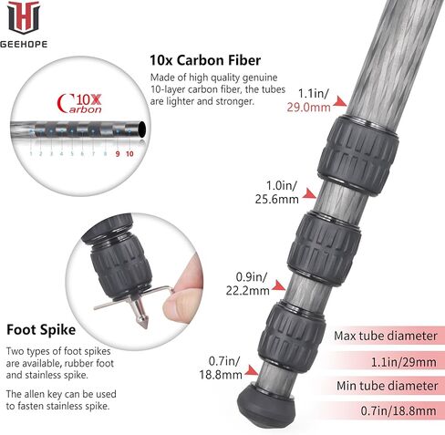 حامل ثلاثي من ألياف الكربون Geehope L330C مقاس 1.3 بوصة/32.5 مم أقصى أنبوب احترافي خفيف الوزن وصغير الحجم للسفر لكاميرات الفيديو DSLR أقصى تحميل 55 رطل/25 كجم مع عمود مركزي قصير من قسمين in Kuwait