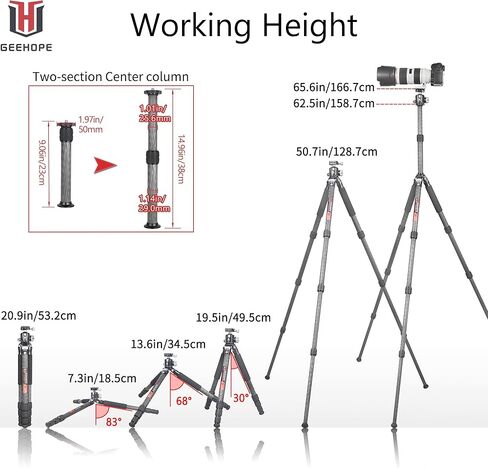 حامل ثلاثي من ألياف الكربون Geehope L330C مقاس 1.3 بوصة/32.5 مم أقصى أنبوب احترافي خفيف الوزن وصغير الحجم للسفر لكاميرات الفيديو DSLR أقصى تحميل 55 رطل/25 كجم مع عمود مركزي قصير من قسمين in Kuwait