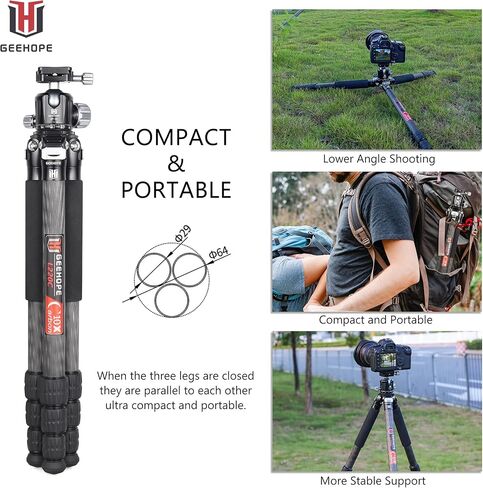 حامل ثلاثي من ألياف الكربون Geehope L330C مقاس 1.3 بوصة/32.5 مم أقصى أنبوب احترافي خفيف الوزن وصغير الحجم للسفر لكاميرات الفيديو DSLR أقصى تحميل 55 رطل/25 كجم مع عمود مركزي قصير من قسمين in Kuwait