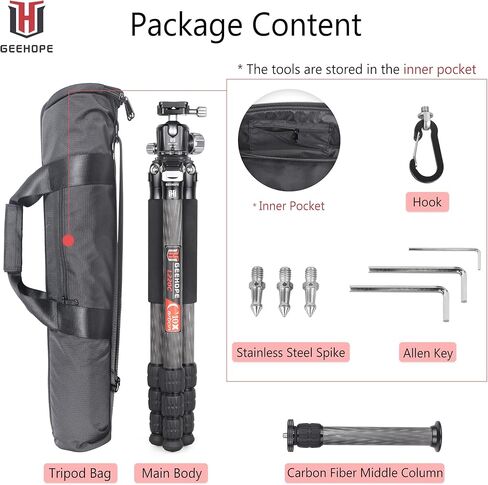 حامل ثلاثي من ألياف الكربون Geehope L330C مقاس 1.3 بوصة/32.5 مم أقصى أنبوب احترافي خفيف الوزن وصغير الحجم للسفر لكاميرات الفيديو DSLR أقصى تحميل 55 رطل/25 كجم مع عمود مركزي قصير من قسمين in Kuwait