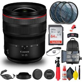 عدسة Canon RF 14-35mm f/4L هي عدسة USM (4857C002) + طقم فلتر + حقيبة ظهر + بطاقة سعة 64 جيجابايت + قارئ بطاقات + حامل ثلاثي مرن + محفظة ذاكرة + حافظة للأغطية + طقم تنظيف + حزام يد + المزيد (متجدد) in Kuwait
