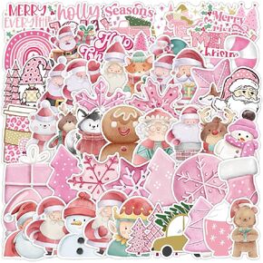 Bastban 50 Pcs Pink Christmas Stickers for Water Bottle Laptop Phone Luggage Scrapbook, Vinyl Waterproof Stickers for Kids Girls Teens