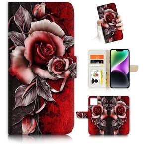 for iPhone 14 Art Designed Flip Wallet Style Cover Case Fancy Flower Full Body Protection AD003 (#24878 Red Gothic Rose)