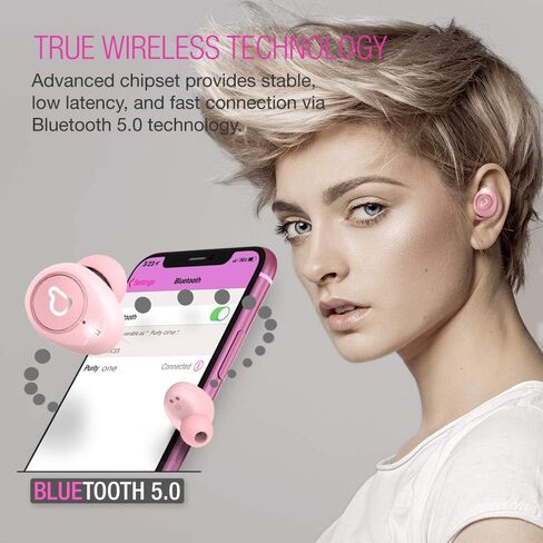 Purity True Wireless Earbuds with Immersive Sound, Bluetooth 5.0 Earphones in-Ear with Charging Case Stereo Calls/Built-in Microphones/IPX5 Sweatproof/Pumping Bass for Sports, Workout, Gym - Pink in Kuwait