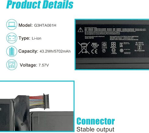 استبدال بطارية الكمبيوتر المحمول TsuLin G3HTA061H DYNM03 لجهاز Microsoft Surface Pro 7 (موديل 1866، 2019) - سلسلة شاشة تعمل باللمس 12.3 بوصة PVR-00016 7.57V 43.2Wh 5702mAh مع أدوات in Kuwait