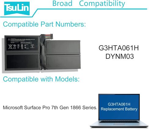 استبدال بطارية الكمبيوتر المحمول TsuLin G3HTA061H DYNM03 لجهاز Microsoft Surface Pro 7 (موديل 1866، 2019) - سلسلة شاشة تعمل باللمس 12.3 بوصة PVR-00016 7.57V 43.2Wh 5702mAh مع أدوات in Kuwait