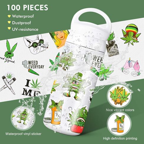 100 قطعة من ملصقات الأعشاب المضحكة ملصقات جرافيتي للأعشاب الخضراء لزجاجة المياه من الفينيل ملصقات أوراق مختلطة مقاومة للماء للهاتف والكمبيوتر المحمول والجيتار والأمتعة والدراجة in Kuwait