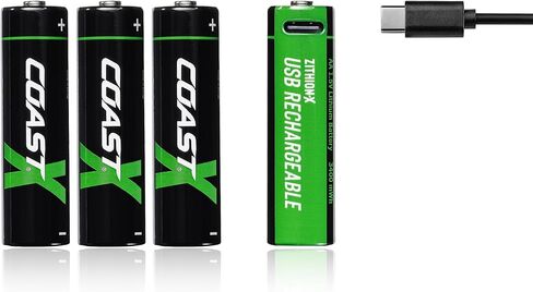 بطاريات Coast AA USB-C قابلة لإعادة الشحن، ZITHION-X، ليثيوم أيون 1.5 فولت 2400 مللي أمبير، تدوم طويلاً، يتم شحنها لمدة أقل من ساعتين، أكثر من 1000 شحنة، كابل شحن متضمن، 12 بطارية in Kuwait