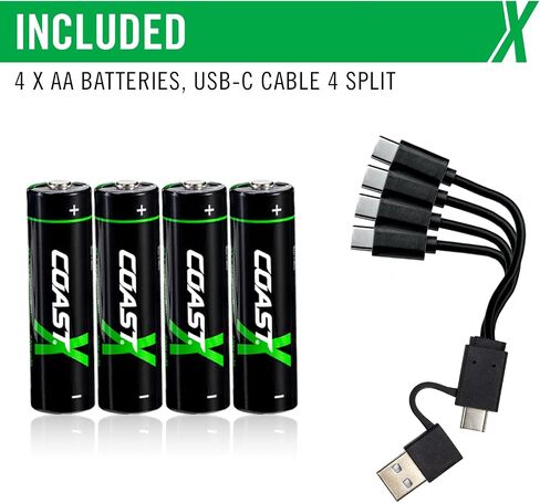 بطاريات Coast AA USB-C قابلة لإعادة الشحن، ZITHION-X، ليثيوم أيون 1.5 فولت 2400 مللي أمبير، تدوم طويلاً، يتم شحنها لمدة أقل من ساعتين، أكثر من 1000 شحنة، كابل شحن متضمن، 12 بطارية in Kuwait