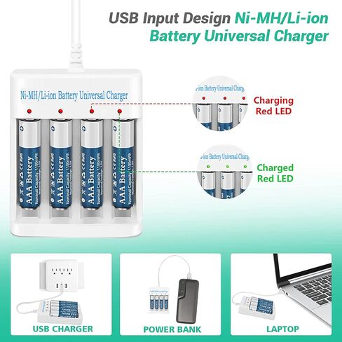 8 عبوات من بطاريات الليثيوم AAA القابلة لإعادة الشحن بقدرة 1.5 فولت مع شاحن (فتحة مستقلة ذات 4 فتحات)، بطارية ثلاثية طويلة الأمد بحجم 1100 مللي واط في الساعة in Kuwait
