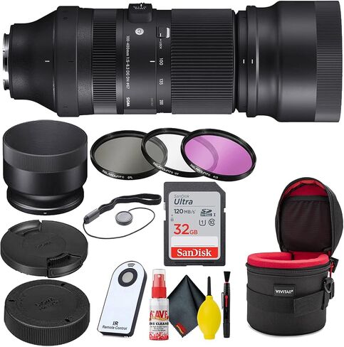 Sigma 100-400mm f/5-6.3 DG DN OS Contemporary Lens for Sony E (750965) Bundle with 32GB SD Card + 3 Piece Filter Kit + Lens Cap + Lens Case + Wireless Remote Shutter + Cleaning Kit in Saudi Arabia