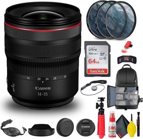 Canon RF 14-35mm f/4L is USM Lens (4857C002) + Filter Kit + Backpack + 64GB Card + Card Reader + Flex Tripod + Memory Wallet + Cap Keeper + Cleaning Kit + Hand Strap + More (Renewed) in Saudi Arabia