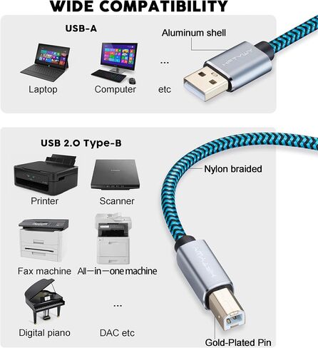 كابل طابعة USB بطول 30 قدمًا، سلك طابعة USB طويل مجدول 2.0 نوع A ذكر إلى B ذكر كابل ماسح ضوئي عالي السرعة متوافق مع HP وCanon وDell وEpson وSamsung والمزيد in Kuwait