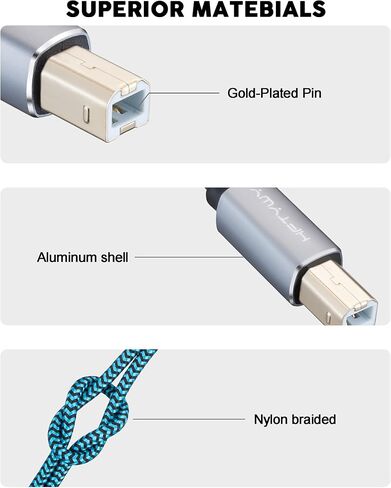 كابل طابعة USB بطول 30 قدمًا، سلك طابعة USB طويل مجدول 2.0 نوع A ذكر إلى B ذكر كابل ماسح ضوئي عالي السرعة متوافق مع HP وCanon وDell وEpson وSamsung والمزيد in Kuwait