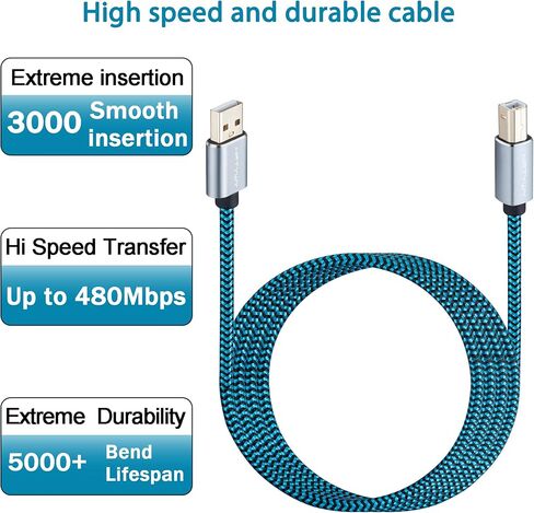 كابل طابعة USB بطول 30 قدمًا، سلك طابعة USB طويل مجدول 2.0 نوع A ذكر إلى B ذكر كابل ماسح ضوئي عالي السرعة متوافق مع HP وCanon وDell وEpson وSamsung والمزيد in Kuwait