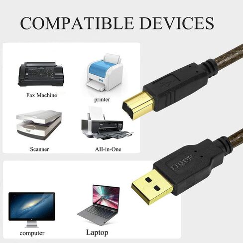 كابل الطابعة 25 قدم USB 2.0 النوع A ذكر إلى النوع B ذكر كابل الماسح الضوئي للطابعة عالي السرعة USB A إلى B متوافق مع HP، Canon، Brother، Epson، Xerox، Samsung إلخ in Kuwait