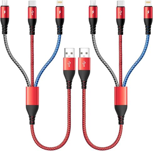 كابل شحن متعدد 4.5 أمبير، كابل شحن متعدد مضفر 3 في 1، كابل شحن متعدد USB، سلك شحن سريع مع نوع C، Micro USB ومنفذ IP لمعظم الهواتف، Samsung Galaxy، iPads، LG (2Pack/1Ft) in Kuwait