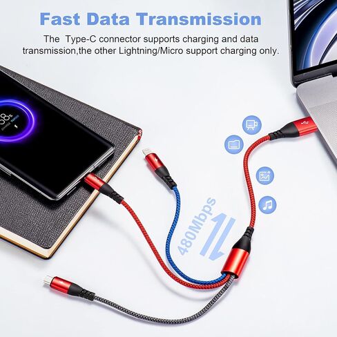 كابل شحن متعدد 4.5 أمبير، كابل شحن متعدد مضفر 3 في 1، كابل شحن متعدد USB، سلك شحن سريع مع نوع C، Micro USB ومنفذ IP لمعظم الهواتف، Samsung Galaxy، iPads، LG (2Pack/1Ft) in Kuwait