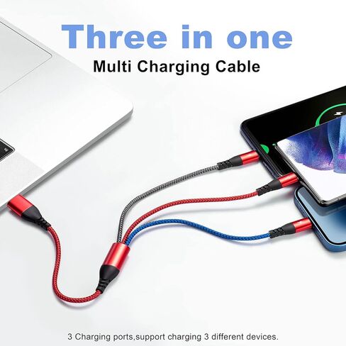 كابل شحن متعدد 4.5 أمبير، كابل شحن متعدد مضفر 3 في 1، كابل شحن متعدد USB، سلك شحن سريع مع نوع C، Micro USB ومنفذ IP لمعظم الهواتف، Samsung Galaxy، iPads، LG (2Pack/1Ft) in Kuwait
