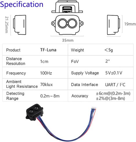 Wishiot TF-Luna LiDAR Range Finder Sensor 0.2m-8m Single-Point Ranging Module UART/I2C 5V with 6Pin Terminal to Dupont Cable for Arduino/RPi Pico/Pixhawk/WiFi_Lora_32 in Saudi Arabia