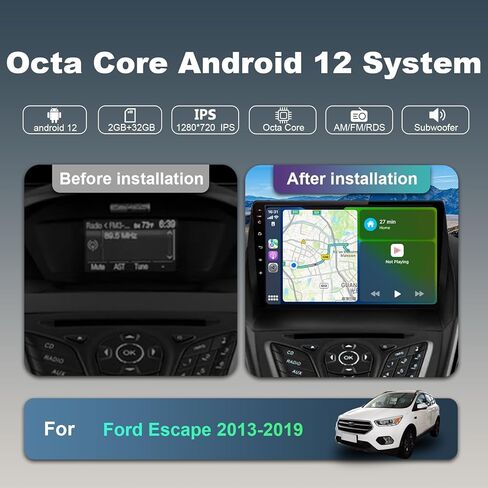 لسيارة Ford Escape 2013 2014 2015 2016 2017 2018 2019 ستيريو راديو السيارة مع Carplay اللاسلكي Android Auto، شاشة لمس عالية الدقة 8 Core Android 12 راديو السيارة مع كاميرا احتياطية بلوتوث AM/FM/RDS WiFi in Kuwait