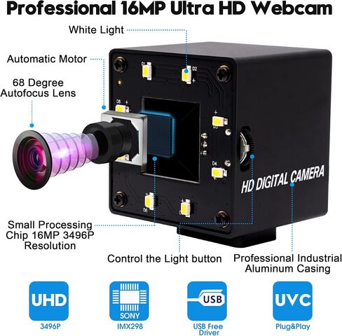 USB Camera 16MP Webcam Autofocus 68Degree Lens with Day and Night Vision Metal Case,4K PC Camera UVC Plug and Play for Industrial Machine Video Webcam on Computers,Jetson Nano,Raspberry Pi in Saudi Arabia
