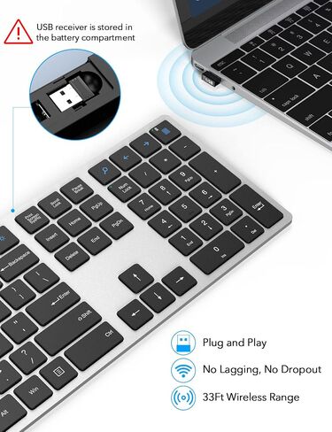 WisFox Wireless Keyboard, Full Size with Silent Keys, Number Pad, Super Slim and Battery Powered, 2.4GHz USB Computer Keyboard for Laptop, PC, Mac, Windows, Chromebook, Sliver and Black in Saudi Arabia