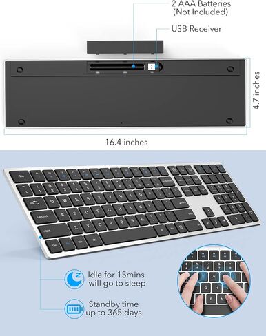 WisFox Wireless Keyboard, Full Size with Silent Keys, Number Pad, Super Slim and Battery Powered, 2.4GHz USB Computer Keyboard for Laptop, PC, Mac, Windows, Chromebook, Sliver and Black in Saudi Arabia