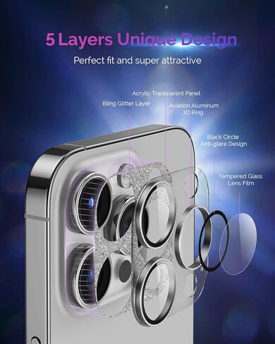 Actgan for iPhone 14 Pro/iPhone 14 Pro Max Camera Lens Protector 3D Bling Glitter Full Coverage Camera Screen Cover Case Friendly Accessories for iPhone 14 Pro Max/ 14 Pro Glitter Purple in Saudi Arabia