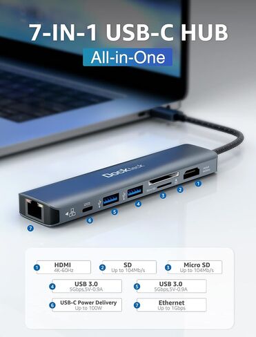 USB C Hub Multiport Adapter, dockteck 7-in-1 USB-C Hub with 4K 60Hz, 1Gbps Ethernet, 100W Power Delivery, SD/TF Card Slots, USB 3.0 5Gbps Data Ports, for MacBook Pro, MacBook Air, iPad Pro, XPS in Saudi Arabia