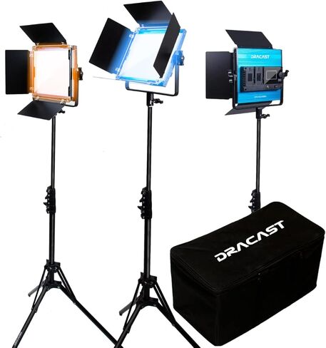 Dracast X Series Bicolor LED500 Kit - 3 Pack Includes Panel Lights, Stands, Barndoors, Travel Case | Bluetooth App Control | 3200K - 5600K LED Video Light Kit | Dimmable Lighting 0-100% | CRI TLCI 96+ in Kuwait