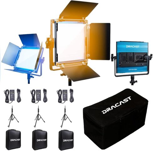 Dracast X Series Bicolor LED500 Kit - 3 Pack Includes Panel Lights, Stands, Barndoors, Travel Case | Bluetooth App Control | 3200K - 5600K LED Video Light Kit | Dimmable Lighting 0-100% | CRI TLCI 96+ in Kuwait