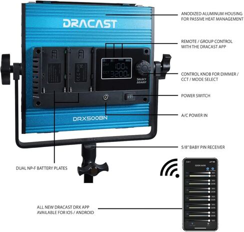 Dracast X Series Bicolor LED500 Kit - 3 Pack Includes Panel Lights, Stands, Barndoors, Travel Case | Bluetooth App Control | 3200K - 5600K LED Video Light Kit | Dimmable Lighting 0-100% | CRI TLCI 96+ in Kuwait