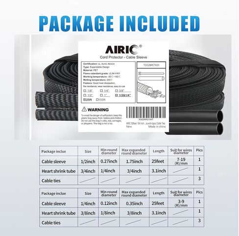 AIRIC 50 قدم - 1/4 بوصة و1/2 بوصة أكمام مضفرة قابلة للتوسيع من PET لإدارة الكابلات باللون الأسود، أنبوب لف سلك مثبط للهب للتلفزيون والكمبيوتر والمكتب والمنزل والسيارات، مع 6 قطع من روابط الكابلات in Kuwait