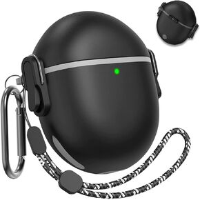 Miimall Compatible for Google Pixel Buds Pro Case, [Secure Lock][Anti-Lost Keychain][Front LED Visible] Military Protective Rugged TPU Case Cover for Pixel Buds Pro Accessories with Lanyard (Black)