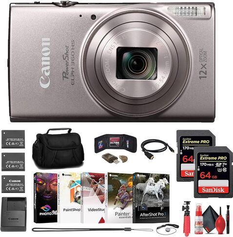 Canon PowerShot ELPH 360 HS Digital Camera (Silver) (1078C001) + 2 x 64GB Memory Card + 2 x NB11L Battery + Case + Card Reader + Corel Photo Software + HDMI Cable + Flex Tripod + More (Renewed) in Saudi Arabia