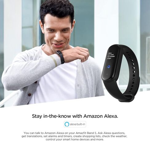 جهاز تتبع اللياقة البدنية Amazfit Band 5 المُجدد المعتمد مع Alexa المدمج، عمر بطارية 15 يومًا، أكسجين الدم، معدل ضربات القلب، مراقبة النوم والإجهاد، مقاومة للماء 5 ATM، أسود in Kuwait