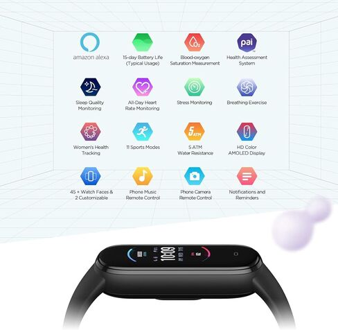 جهاز تتبع اللياقة البدنية Amazfit Band 5 المُجدد المعتمد مع Alexa المدمج، عمر بطارية 15 يومًا، أكسجين الدم، معدل ضربات القلب، مراقبة النوم والإجهاد، مقاومة للماء 5 ATM، أسود in Kuwait