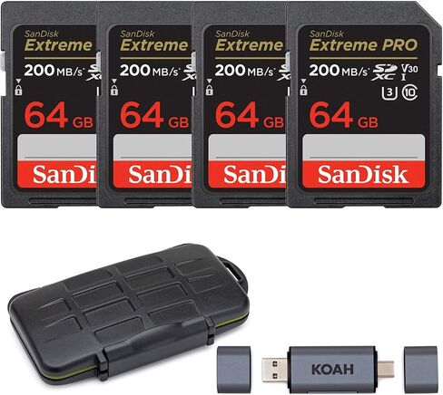 SanDisk 64GB Extreme PRO 200MB/sUHS-I SDXC Memory Card (4-Pack) Bundle with Rugged Memory Storage Carrying Case and 2-in-1 Aluminum Shell OTG Dual Slot SD Card Reader (6 items) in Saudi Arabia