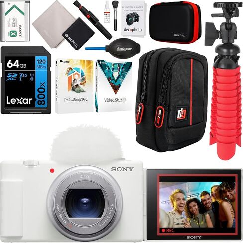 كاميرا Sony ZV-1 II Vlog مع فيديو بدقة 4K ودقة 20.1 ميجابكسل لمنشئي المحتوى ومدوني الفيديو، حزمة ZV-1M2/W باللون الأبيض مع حقيبة Deco Gear + بطاقة ذاكرة سعة 64 جيجابايت + مقبض/حامل ثلاثي القوائم 2 في 1 + مجموعة برامج + ملحقات in Saudi Arabia