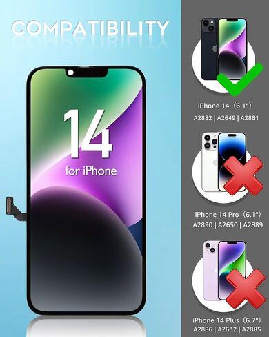 استبدال شاشة Ayake® لهاتف iPhone 14، شاشة 6.1 بوصة عالية الدقة بالكامل ومجموعة رقمنة تعمل باللمس مع مجموعة أدوات إصلاح قابلة للبرمجة بدرجة لون حقيقية (A2882، A2649، A2881) in Kuwait
