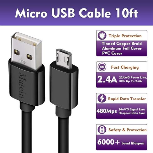 كابل Micro USB، [10أقدام 2 حزمة] سلك شاحن طويل للغاية لهاتف Galaxy S7 Edge، كابل شحن USB متين عالي السرعة لهاتف Android، Samsung J7/S6 Edge/S5/Note 5/LG Stylo 3/K30، لجهاز PS4/الكاميرا، أسود in Saudi Arabia