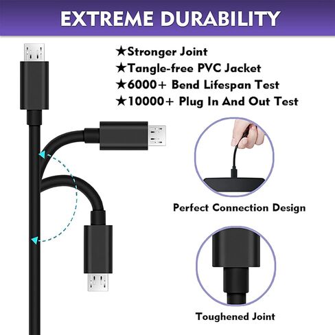 كابل Micro USB، [10أقدام 2 حزمة] سلك شاحن طويل للغاية لهاتف Galaxy S7 Edge، كابل شحن USB متين عالي السرعة لهاتف Android، Samsung J7/S6 Edge/S5/Note 5/LG Stylo 3/K30، لجهاز PS4/الكاميرا، أسود in Saudi Arabia