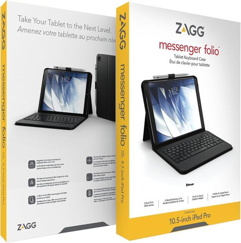 ZAGG ID8BSF-BB0 Messenger Folio Case and Non-backlit Bluetooth Keyboard for Apple iPad Pro 9.7, iPad 9.7, iPad Air and iPad Air 2 - Compatible with 2018 (G6) and 2017 (G5) 9.7 - Black in Kuwait