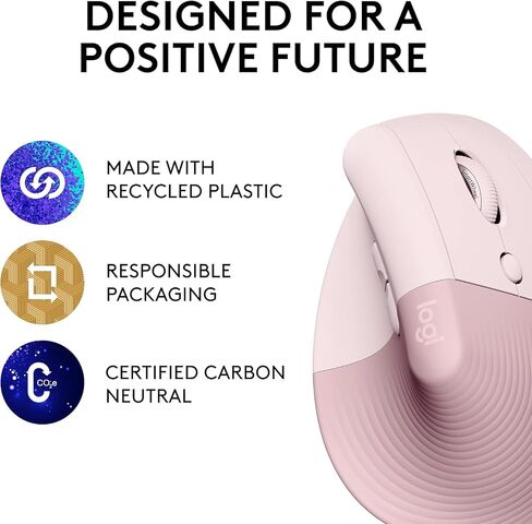 ماوس Logitech Lift Vertical مريح، لاسلكي، بلوتوث أو جهاز استقبال USB Logi Bolt، نقرات هادئة، 4 أزرار، متوافق مع Windows/macOS/iPadOS، والكمبيوتر المحمول، والكمبيوتر الشخصي - وردي (متجدد) in Kuwait