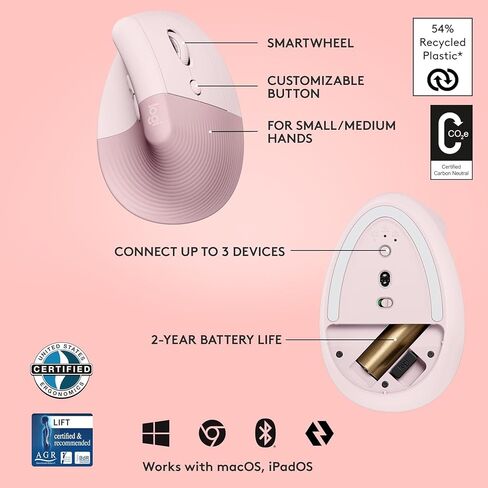 ماوس Logitech Lift Vertical مريح، لاسلكي، بلوتوث أو جهاز استقبال USB Logi Bolt، نقرات هادئة، 4 أزرار، متوافق مع Windows/macOS/iPadOS، والكمبيوتر المحمول، والكمبيوتر الشخصي - وردي (متجدد) in Kuwait