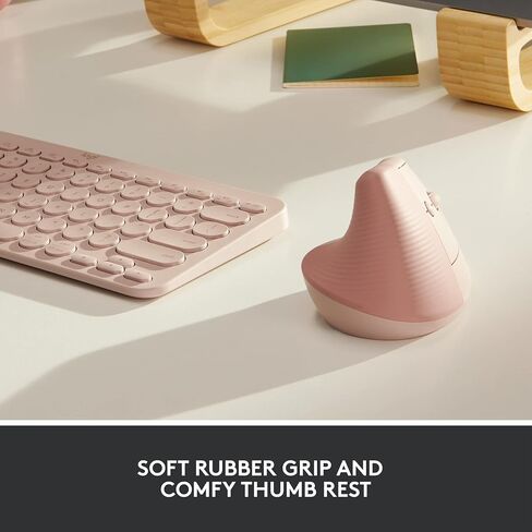 ماوس Logitech Lift Vertical مريح، لاسلكي، بلوتوث أو جهاز استقبال USB Logi Bolt، نقرات هادئة، 4 أزرار، متوافق مع Windows/macOS/iPadOS، والكمبيوتر المحمول، والكمبيوتر الشخصي - وردي (متجدد) in Kuwait
